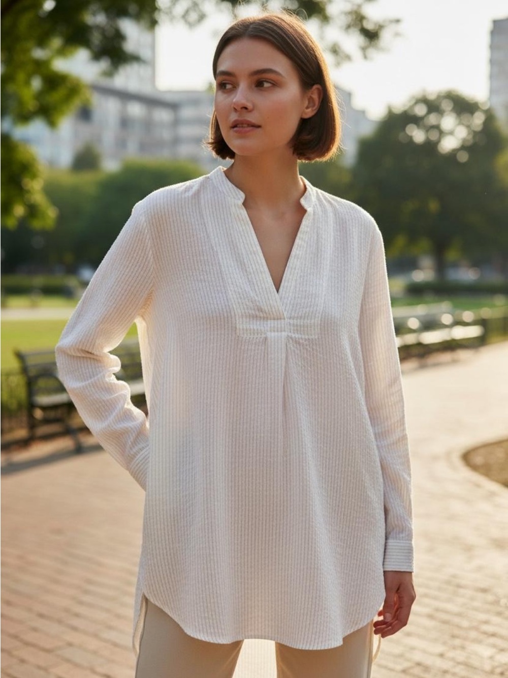 Ann Mashburn Cotton Ivory Textured V-Neck Blouse